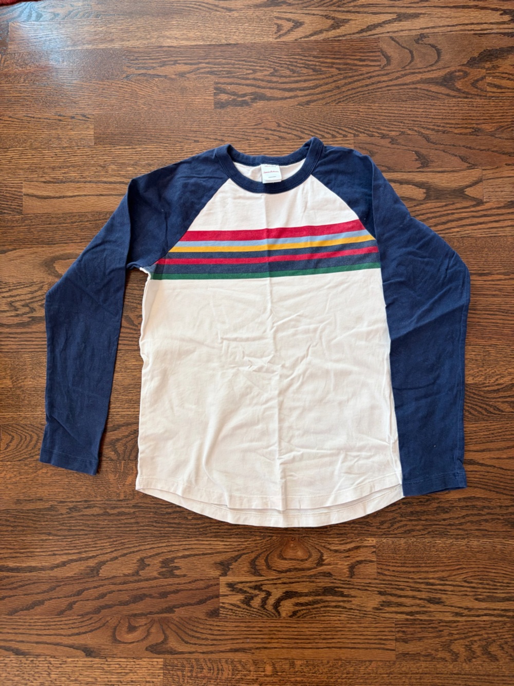 Hanna Andersson White Raglan Tee with Navy Sleeves & Multicolor Stripes